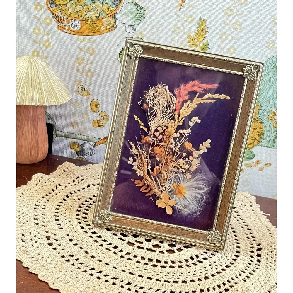 Vintage MCM Botanical Pressed Dried Flower Shadow Box Art Framed